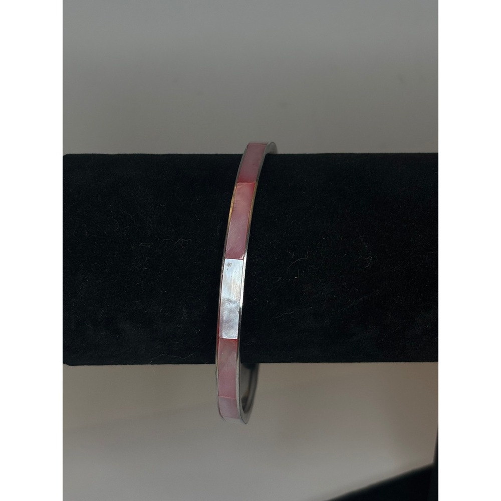 Vintage Pink Mother of Pearl Bracelet Mosaic Bangle Silver Tone 8 Inch